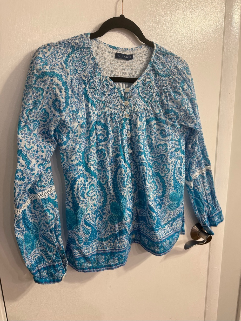 La Plage Blue Paisley Cotton Button Up Blouse Size Small $198
